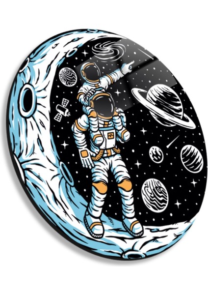 Yuvarlak Temperli Gerçek Cam Tablo Astronot Baba ve Çocuk