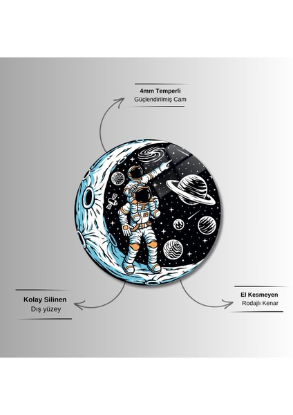 Yuvarlak Temperli Gerçek Cam Tablo Astronot Baba ve Çocuk