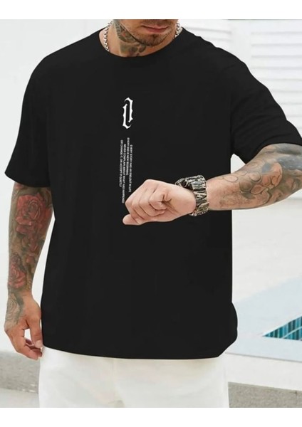 Büyük Beden Dikey Yazı Baskılı Pamuk Oversize Erkek Tshirt