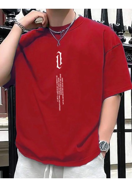 Büyük Beden Dikey Yazı Baskılı Pamuk Oversize Erkek Tshirt