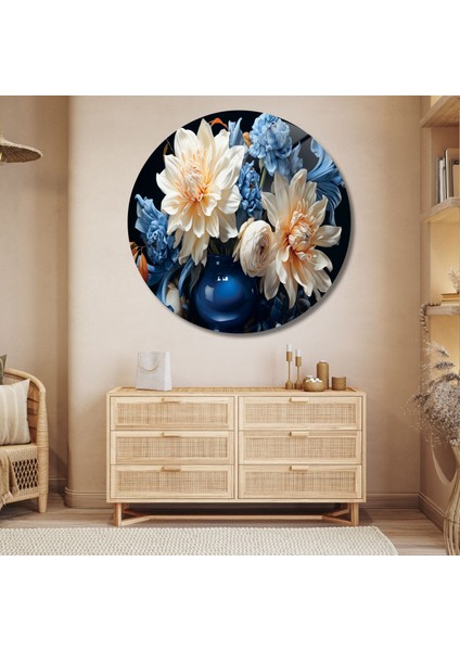 Yuvarlak Temperli Gerçek Cam Tablo Mavi Turuncu Yıldız Çiçeği