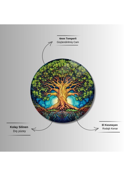 Yuvarlak Temperli Gerçek Cam Tablo Canlı Renkli Hayat Ağacı