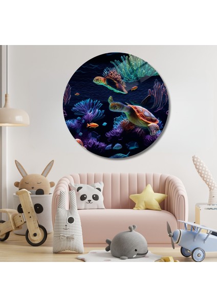 Yuvarlak Temperli Gerçek Cam Tablo Deniz Altı Su Kaplumbağası