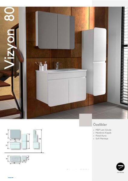 Vizyon Banyo Dolabı 80 cm Beyaz Boy Dolabı Dahil