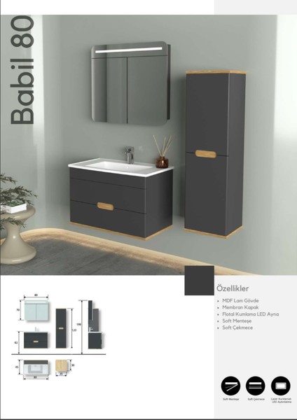 Babil Banyo Dolabı 80 cm Siyah Boy Dolabı Dahil