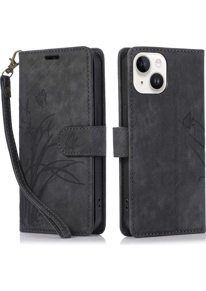 iPhone 15 Plus Deri Flip Cüzdan Kapağı Strap ile (Yurt Dışından)