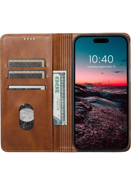 iPhone 15 Manyetik Kılıf Mumsu Doku Pu Deri+Tpu Telefon Stand Kapağı (Yurt Dışından)