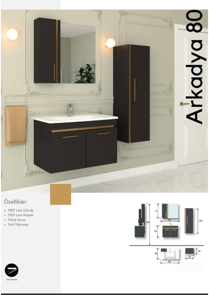 Arkadya 80 cm Banyo Mobilyası Boy Dolabı Dahil