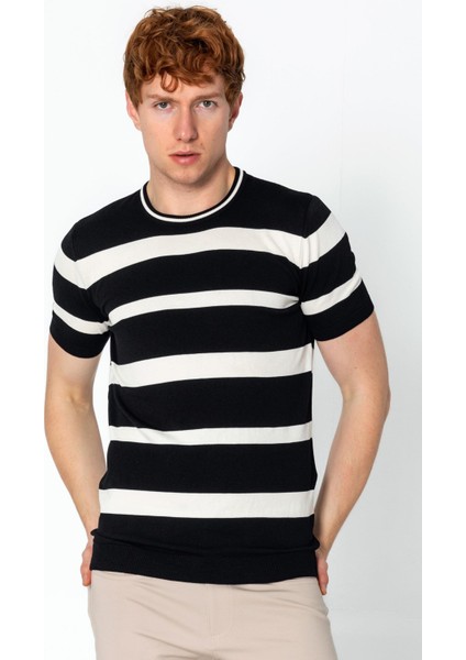 Erkek Fit Rahat Altı Kolları Lastikli Bisiklet Yaka Çizgili T-Shirt fiyatları