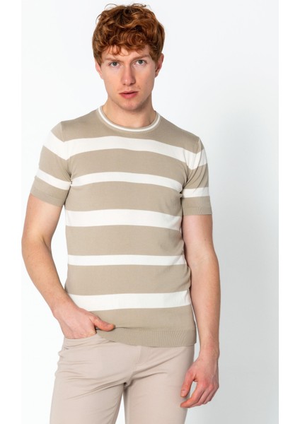 Erkek Fit Rahat Altı Kolları Lastikli Bisiklet Yaka Çizgili T-Shirt fiyatları