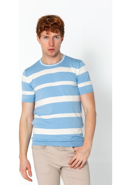 Erkek Fit Rahat Altı Kolları Lastikli Bisiklet Yaka Çizgili T-Shirt fiyatları