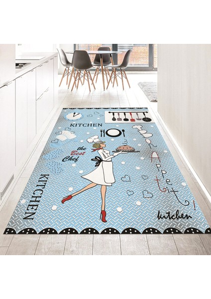 Dijital Baskılı Kaymaz Taban Yıkanabilir Mutfak Halısı Yolluk, V-Mutfak-03-Mavi,