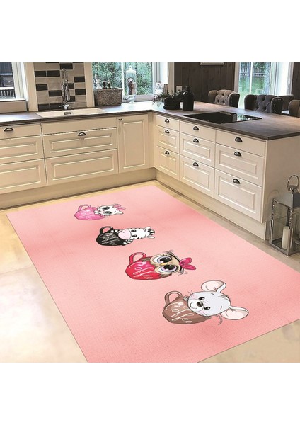 Dijital Baskılı Kaymaz Taban Yıkanabilir Mutfak Halısı Yolluk, V-Mutfak-07-Pembe,