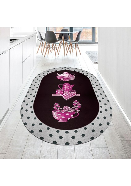 Dijital Baskılı Kaymaz Taban Yıkanabilir Oval Mutfak Halısı Yolluk, V-O-Mutfak-01-Pembe,