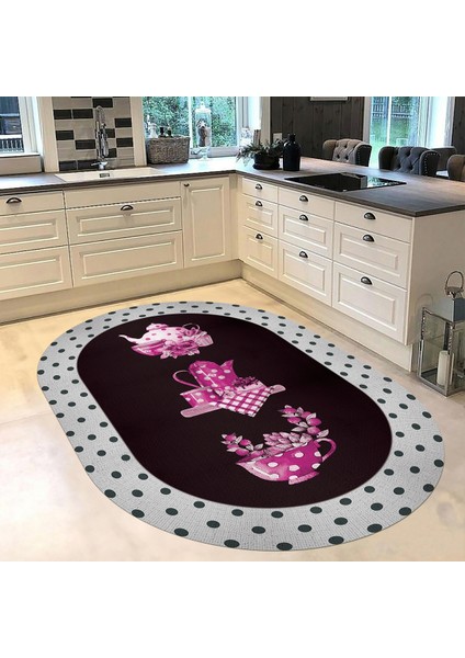 Dijital Baskılı Kaymaz Taban Yıkanabilir Oval Mutfak Halısı Yolluk, V-O-Mutfak-01-Pembe,