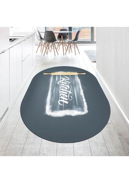 Dijital Baskılı Kaymaz Taban Yıkanabilir Oval Mutfak Halısı Yolluk, V-O-Mutfak-28-Gri,