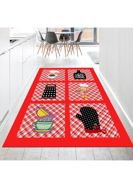 Dijital Baskılı Kaymaz Taban Yıkanabilir Mutfak Halısı Yolluk, V-Mutfak-43-Kırmızı,