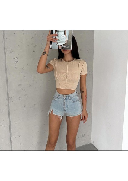 Deli Dolu Moda  Kadın Ters Dikiş Kısa Kol Crop Tişört