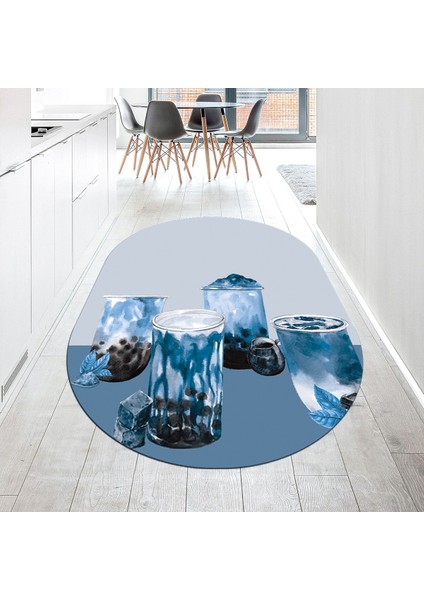 Dijital Baskılı Kaymaz Taban Yıkanabilir Oval Mutfak Halısı Yolluk, V-O-Mutfak-37-Mavi,