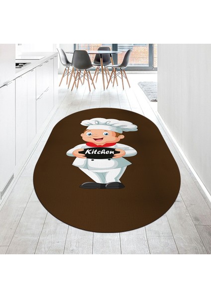 Dijital Baskılı Kaymaz Taban Yıkanabilir Oval Mutfak Halısı Yolluk, V-O-Mutfak-05-Kahve,