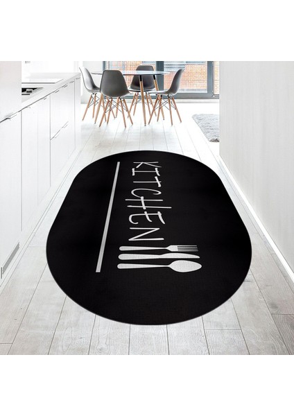 Dijital Baskılı Kaymaz Taban Yıkanabilir Oval Mutfak Halısı Yolluk, V-O-Mutfak-49-Siyah,