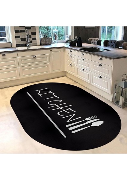 Dijital Baskılı Kaymaz Taban Yıkanabilir Oval Mutfak Halısı Yolluk, V-O-Mutfak-49-Siyah, fiyatları