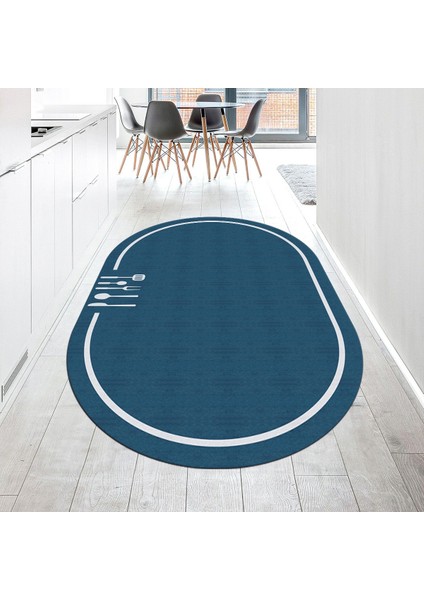 Dijital Baskılı Kaymaz Taban Yıkanabilir Oval Mutfak Halısı Yolluk, V-O-Mutfak-06-Mavi,