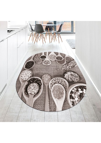 Dijital Baskılı Kaymaz Taban Yıkanabilir Oval Mutfak Halısı Yolluk, V-O-Mutfak-29-Vizon,