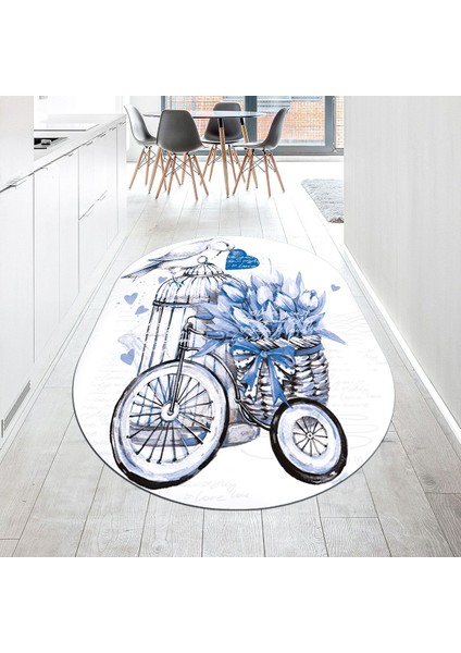 Dijital Baskılı Kaymaz Taban Yıkanabilir Oval Mutfak Halısı Yolluk, V-O-Mutfak-21-Mavi,