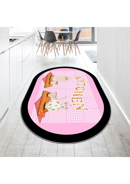 Dijital Baskılı Kaymaz Taban Yıkanabilir Oval Mutfak Halısı Yolluk, V-O-Mutfak-18-Pembe,