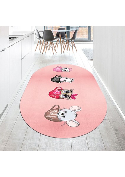 Dijital Baskılı Kaymaz Taban Yıkanabilir Oval Mutfak Halısı Yolluk, V-O-Mutfak-07-Pembe,