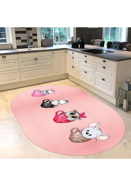 Dijital Baskılı Kaymaz Taban Yıkanabilir Oval Mutfak Halısı Yolluk, V-O-Mutfak-07-Pembe,
