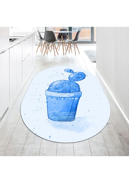 Dijital Baskılı Kaymaz Taban Yıkanabilir Oval Mutfak Halısı Yolluk, V-O-Mutfak-20-Mavi,