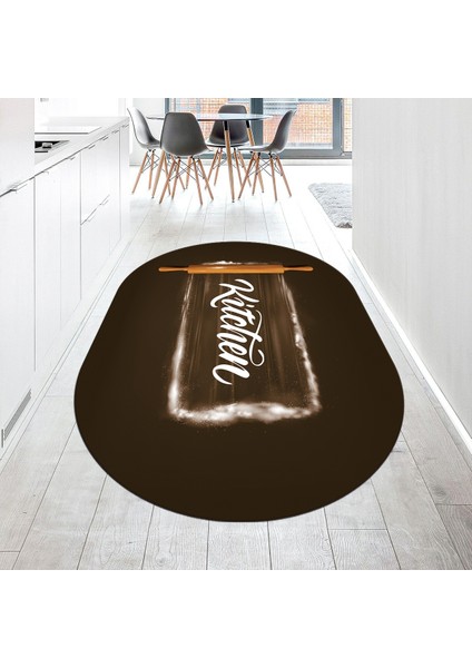 Dijital Baskılı Kaymaz Taban Yıkanabilir Oval Mutfak Halısı Yolluk, V-O-Mutfak-28-Kahve,