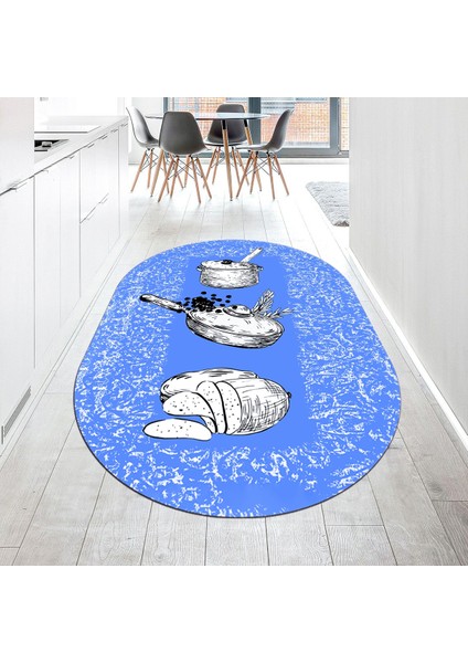 Dijital Baskılı Kaymaz Taban Yıkanabilir Oval Mutfak Halısı Yolluk, V-O-Mutfak-45-Mavi,