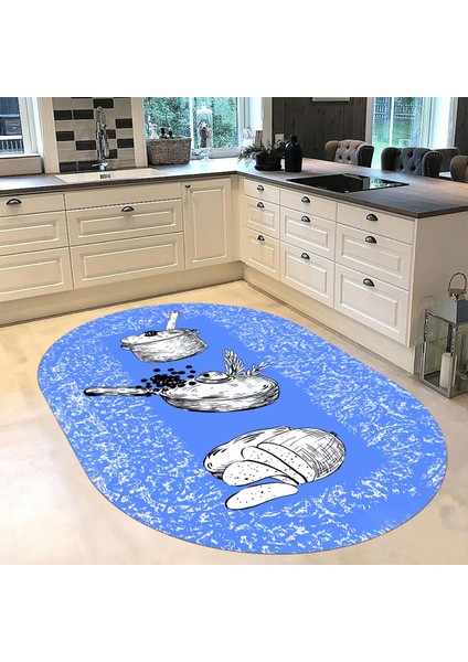 Dijital Baskılı Kaymaz Taban Yıkanabilir Oval Mutfak Halısı Yolluk, V-O-Mutfak-45-Mavi, fiyatları