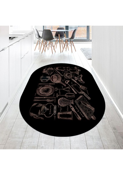 Dijital Baskılı Kaymaz Taban Yıkanabilir Oval Mutfak Halısı Yolluk, V-O-Mutfak-35-Siyah,