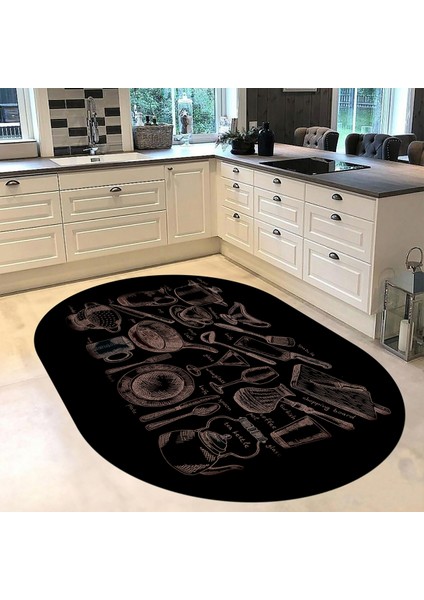 Dijital Baskılı Kaymaz Taban Yıkanabilir Oval Mutfak Halısı Yolluk, V-O-Mutfak-35-Siyah, fiyatları