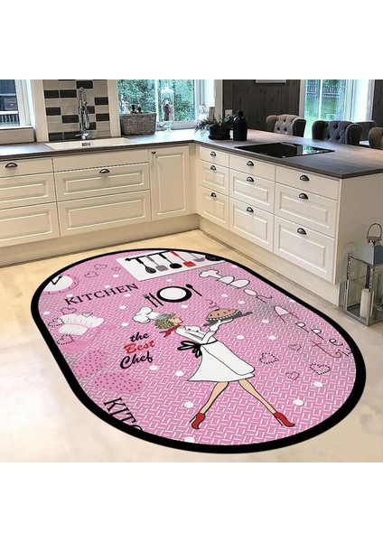Dijital Baskılı Kaymaz Taban Yıkanabilir Oval Mutfak Halısı Yolluk, V-O-Mutfak-03-Pembe,