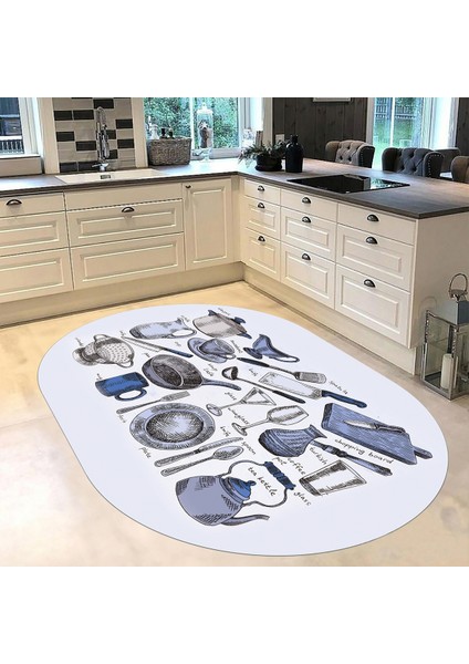 Dijital Baskılı Kaymaz Taban Yıkanabilir Oval Mutfak Halısı Yolluk, V-O-Mutfak-35-Mavi,