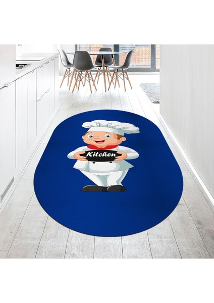 Dijital Baskılı Kaymaz Taban Yıkanabilir Oval Mutfak Halısı Yolluk, V-O-Mutfak-05-Mavi,