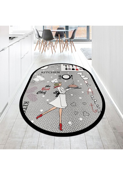 Dijital Baskılı Kaymaz Taban Yıkanabilir Oval Mutfak Halısı Yolluk, V-O-Mutfak-03-Gri,