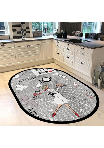 Dijital Baskılı Kaymaz Taban Yıkanabilir Oval Mutfak Halısı Yolluk, V-O-Mutfak-03-Gri,