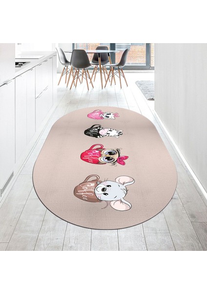 Dijital Baskılı Kaymaz Taban Yıkanabilir Oval Mutfak Halısı Yolluk, V-O-Mutfak-07-Krem,