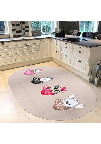 Dijital Baskılı Kaymaz Taban Yıkanabilir Oval Mutfak Halısı Yolluk, V-O-Mutfak-07-Krem, fiyatları