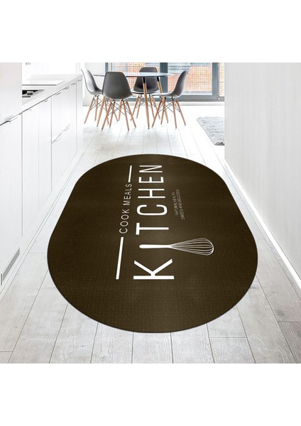 Dijital Baskılı Kaymaz Taban Yıkanabilir Oval Mutfak Halısı Yolluk, V-O-Mutfak-04-Kahve,