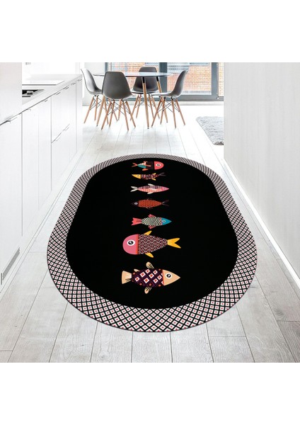 Dijital Baskılı Kaymaz Taban Yıkanabilir Oval Mutfak Halısı Yolluk, V-O-Mutfak-11-Antrasit,
