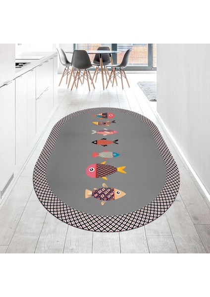 Dijital Baskılı Kaymaz Taban Yıkanabilir Oval Mutfak Halısı Yolluk, V-O-Mutfak-11-Gri,