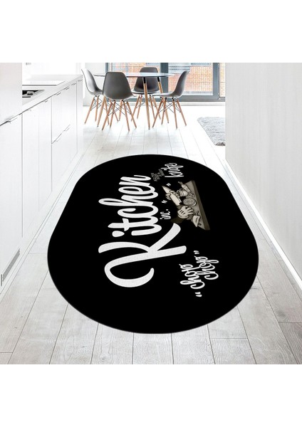 Dijital Baskılı Kaymaz Taban Yıkanabilir Oval Mutfak Halısı Yolluk, V-O-Mutfak-41-Siyah,
