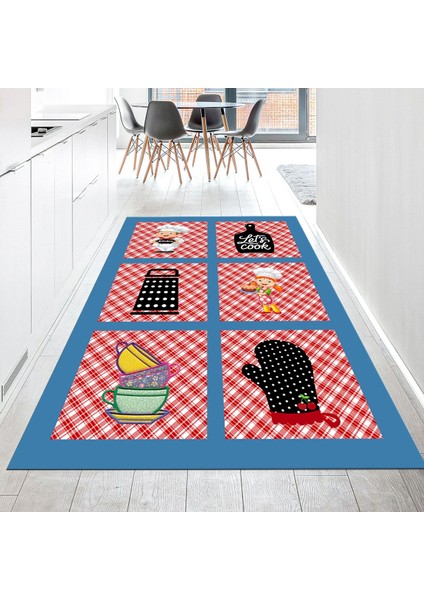 Dijital Baskılı Kaymaz Taban Yıkanabilir Mutfak Halısı Yolluk, V-Mutfak-43-Mavi,